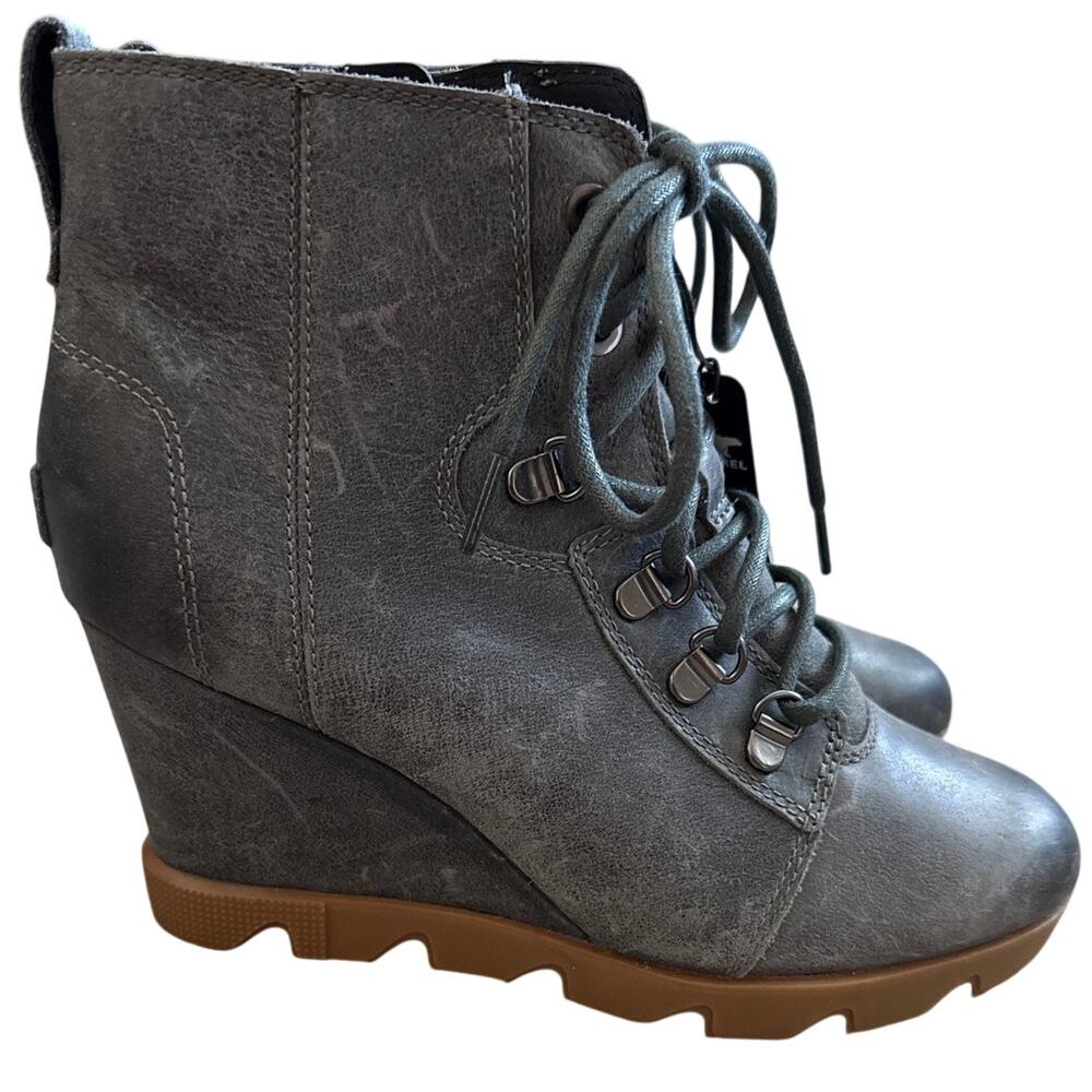 Sorel Joan Uptown Lace Leather Wedge Boot in Marled Gray Waterproof Size 8.5
